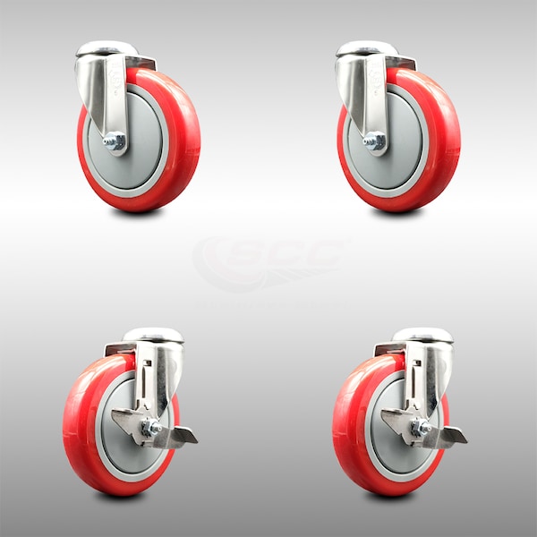 Service Caster 5 Inch 316SS Red Polyurethane Wheel Swivel Bolt Hole Caster Brakes SCC, 2PK SCC-SS316BH20S514-PPUB-RED-2-TLB-2 - main